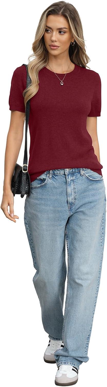 image:imageWomens Wool Blend Lightweight Sweater Crew Neck Short Sleeve Knit Pullover Tops Summer Business Casual OutfitsBurgundy Red