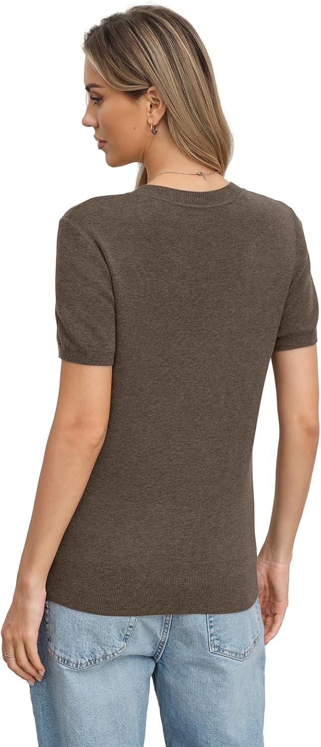 image:imageWomens Wool Blend Lightweight Sweater Crew Neck Short Sleeve Knit Pullover Tops Summer Business Casual OutfitsCoffee