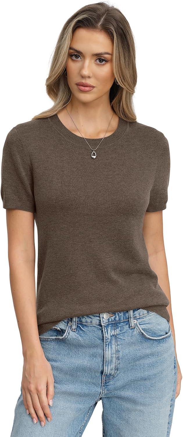 image:imageWomens Wool Blend Lightweight Sweater Crew Neck Short Sleeve Knit Pullover Tops Summer Business Casual OutfitsCoffee