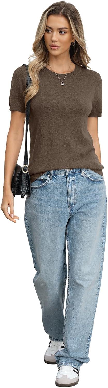 image:imageWomens Wool Blend Lightweight Sweater Crew Neck Short Sleeve Knit Pullover Tops Summer Business Casual OutfitsCoffee