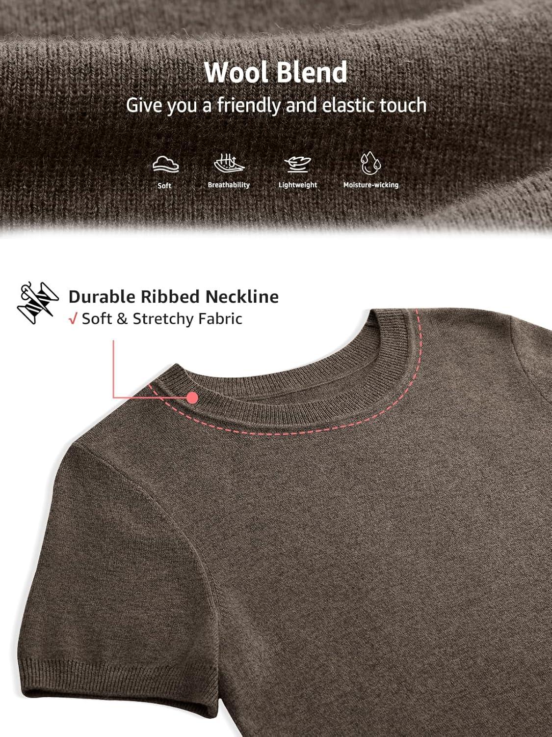 image:imageWomens Wool Blend Lightweight Sweater Crew Neck Short Sleeve Knit Pullover Tops Summer Business Casual OutfitsCoffee