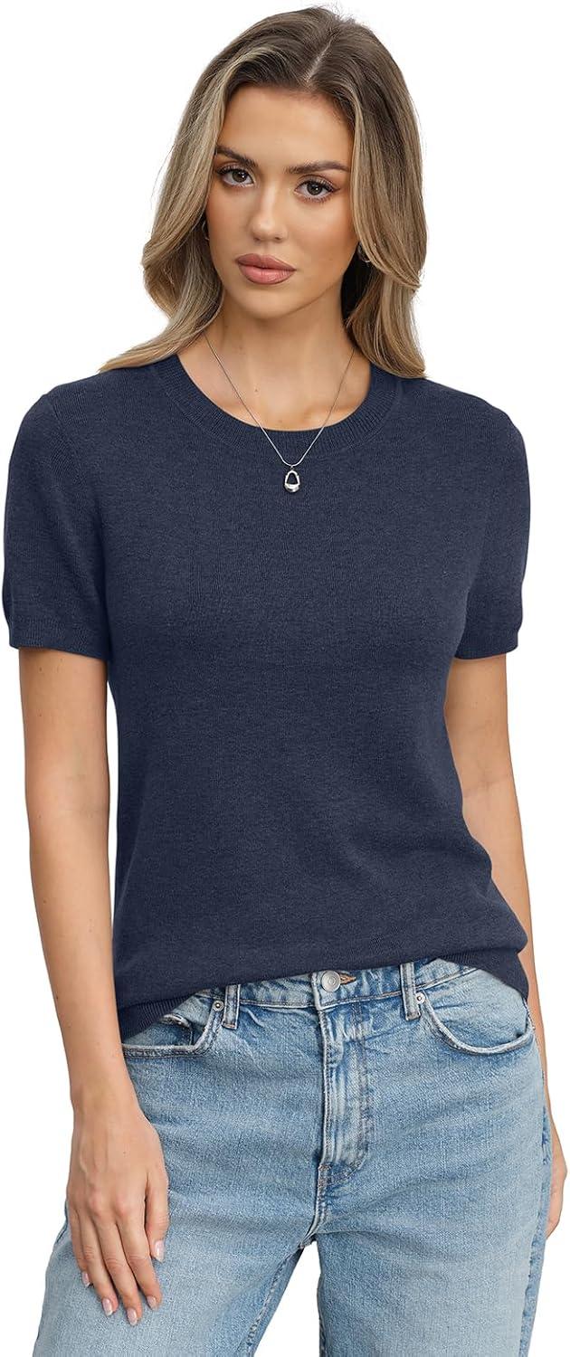 image:imageWomens Wool Blend Lightweight Sweater Crew Neck Short Sleeve Knit Pullover Tops Summer Business Casual OutfitsDark Blue