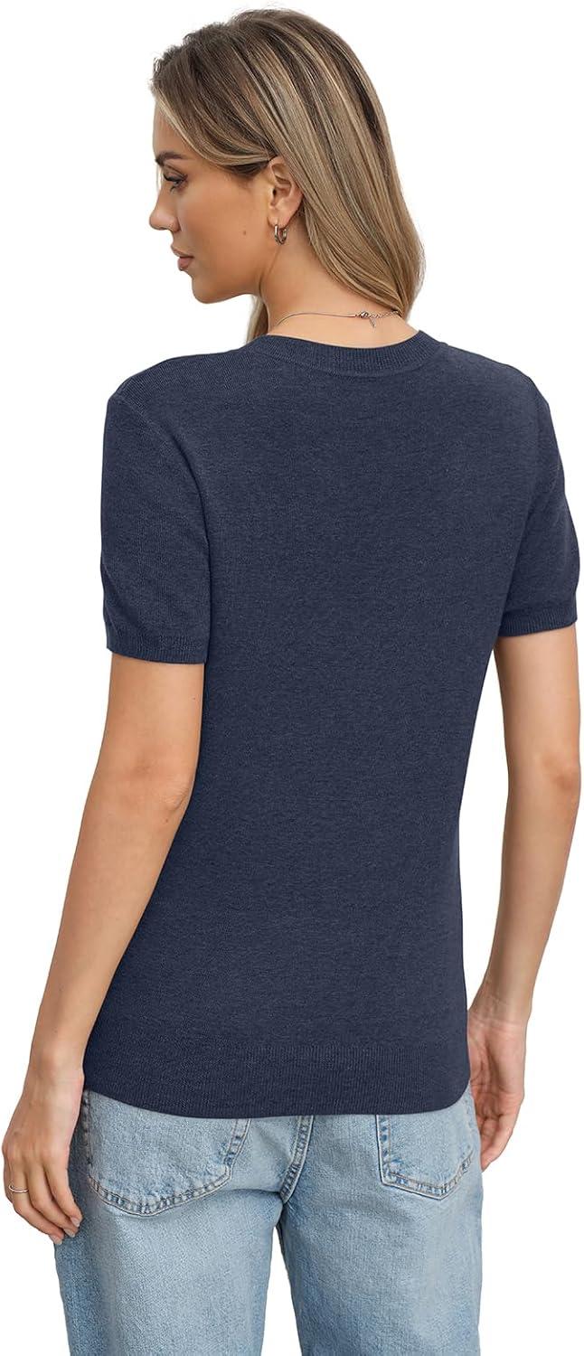 image:imageWomens Wool Blend Lightweight Sweater Crew Neck Short Sleeve Knit Pullover Tops Summer Business Casual OutfitsDark Blue