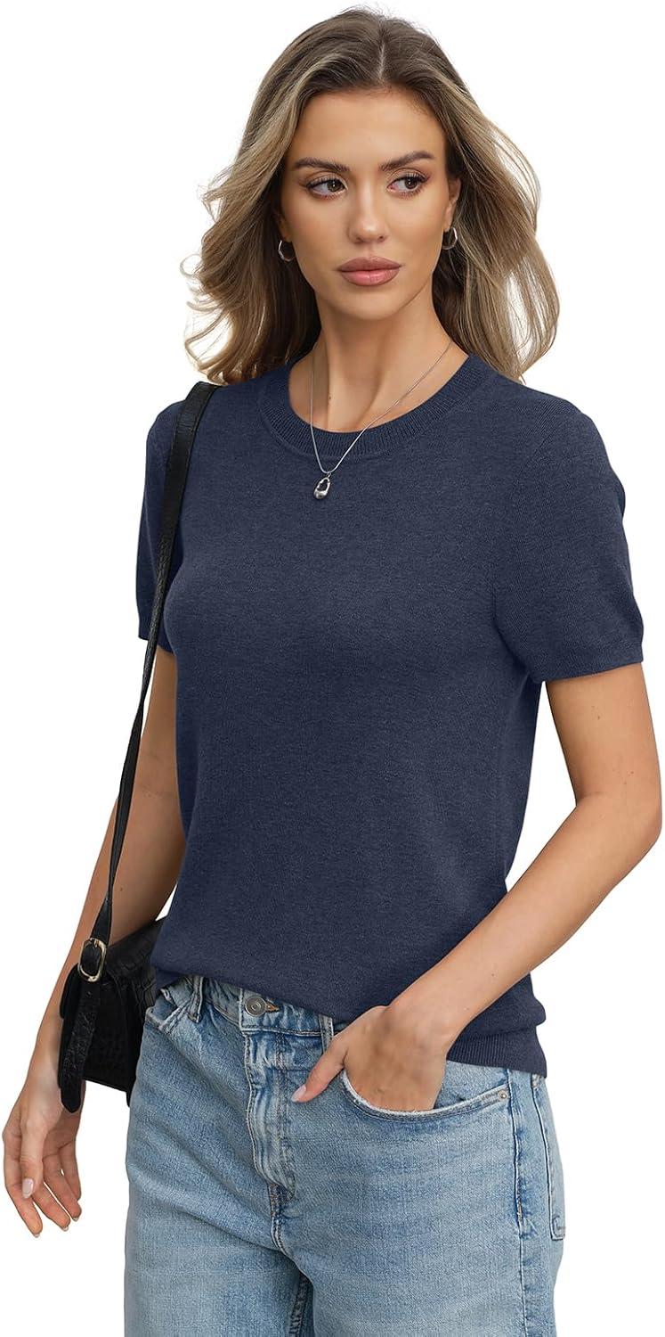 image:imageWomens Wool Blend Lightweight Sweater Crew Neck Short Sleeve Knit Pullover Tops Summer Business Casual OutfitsDark Blue