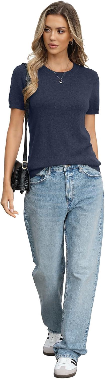 image:imageWomens Wool Blend Lightweight Sweater Crew Neck Short Sleeve Knit Pullover Tops Summer Business Casual OutfitsDark Blue