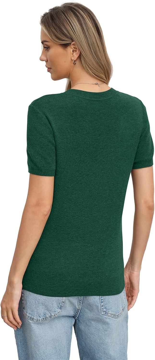 image:imageWomens Wool Blend Lightweight Sweater Crew Neck Short Sleeve Knit Pullover Tops Summer Business Casual OutfitsGreen