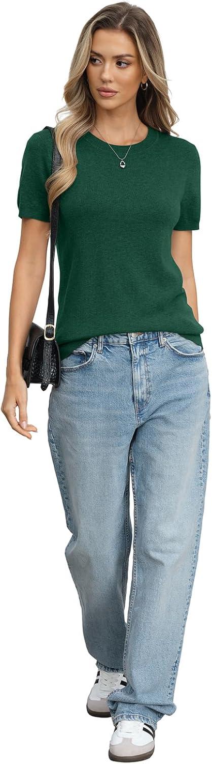 image:imageWomens Wool Blend Lightweight Sweater Crew Neck Short Sleeve Knit Pullover Tops Summer Business Casual OutfitsGreen