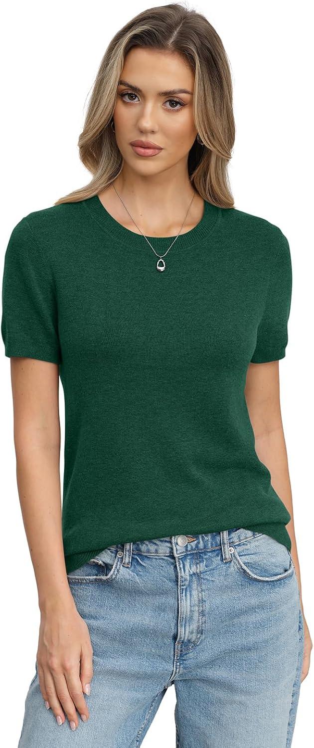 image:imageWomens Wool Blend Lightweight Sweater Crew Neck Short Sleeve Knit Pullover Tops Summer Business Casual OutfitsGreen
