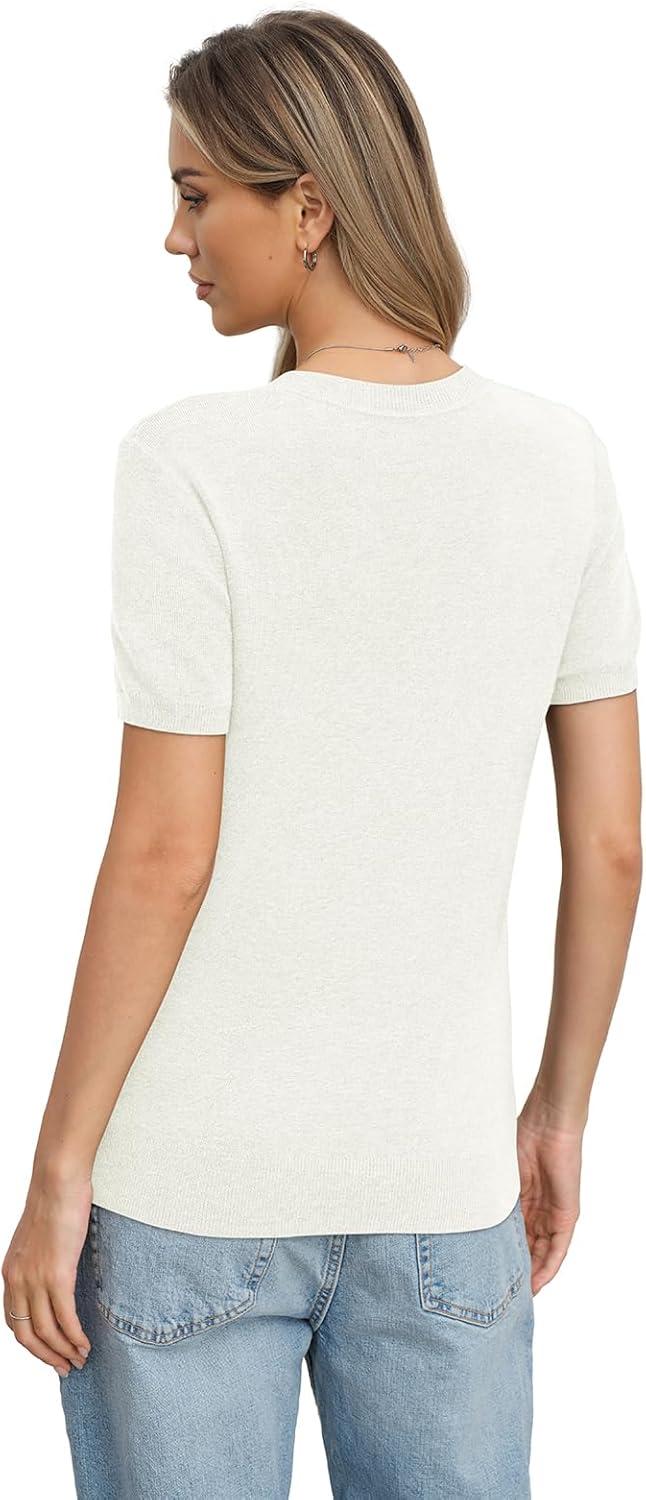 image:imageWomens Wool Blend Lightweight Sweater Crew Neck Short Sleeve Knit Pullover Tops Summer Business Casual OutfitsOffwhite