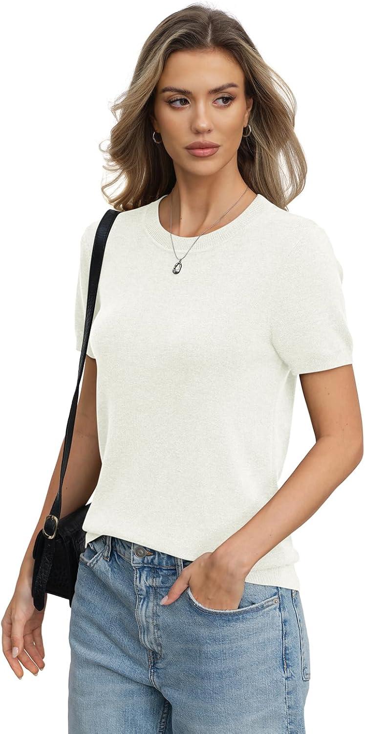 image:imageWomens Wool Blend Lightweight Sweater Crew Neck Short Sleeve Knit Pullover Tops Summer Business Casual OutfitsOffwhite