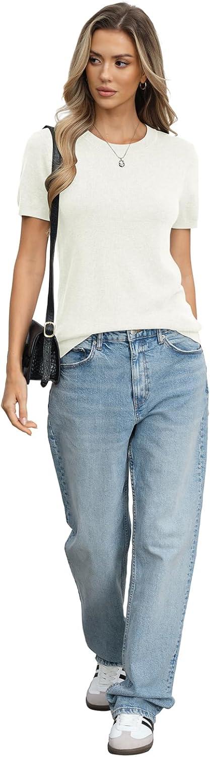 image:imageWomens Wool Blend Lightweight Sweater Crew Neck Short Sleeve Knit Pullover Tops Summer Business Casual OutfitsOffwhite