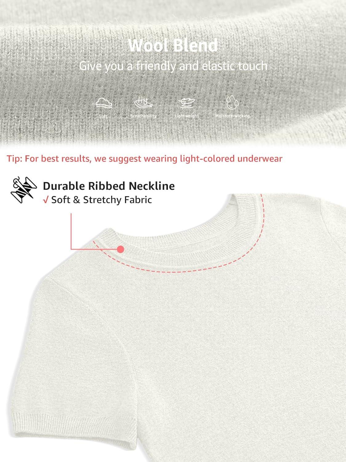 image:imageWomens Wool Blend Lightweight Sweater Crew Neck Short Sleeve Knit Pullover Tops Summer Business Casual OutfitsOffwhite