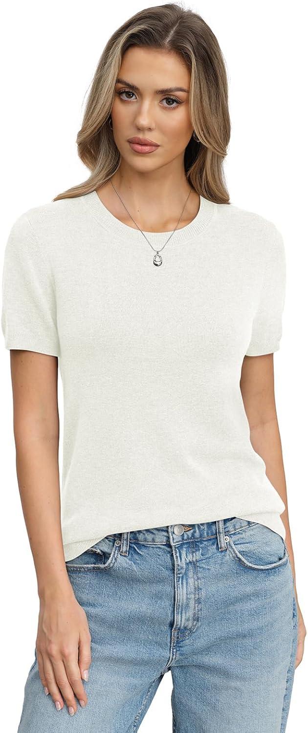 image:imageWomens Wool Blend Lightweight Sweater Crew Neck Short Sleeve Knit Pullover Tops Summer Business Casual OutfitsOffwhite