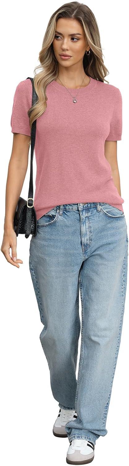 image:imageWomens Wool Blend Lightweight Sweater Crew Neck Short Sleeve Knit Pullover Tops Summer Business Casual OutfitsPink