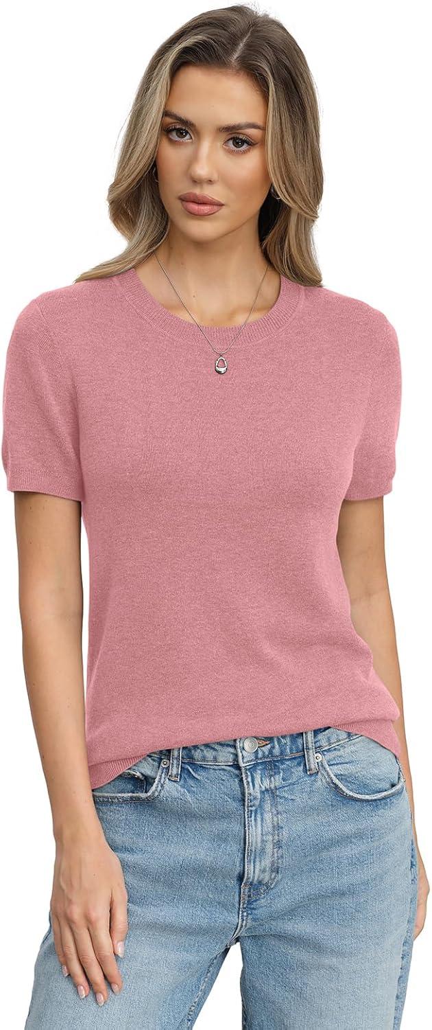 image:imageWomens Wool Blend Lightweight Sweater Crew Neck Short Sleeve Knit Pullover Tops Summer Business Casual OutfitsPink