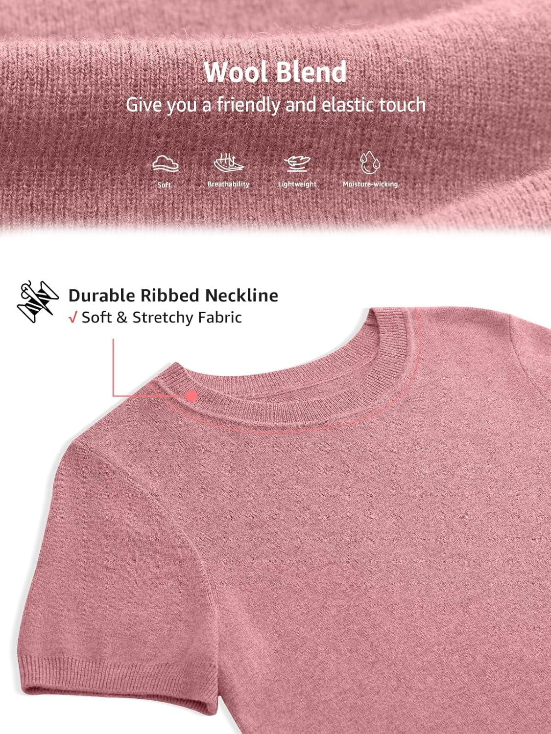 image:imageWomens Wool Blend Lightweight Sweater Crew Neck Short Sleeve Knit Pullover Tops Summer Business Casual OutfitsPink