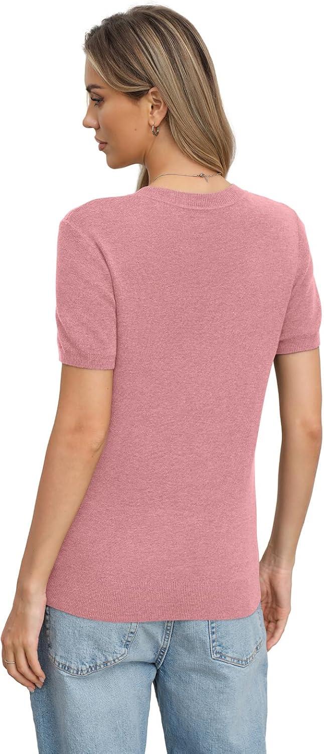 image:imageWomens Wool Blend Lightweight Sweater Crew Neck Short Sleeve Knit Pullover Tops Summer Business Casual OutfitsPink