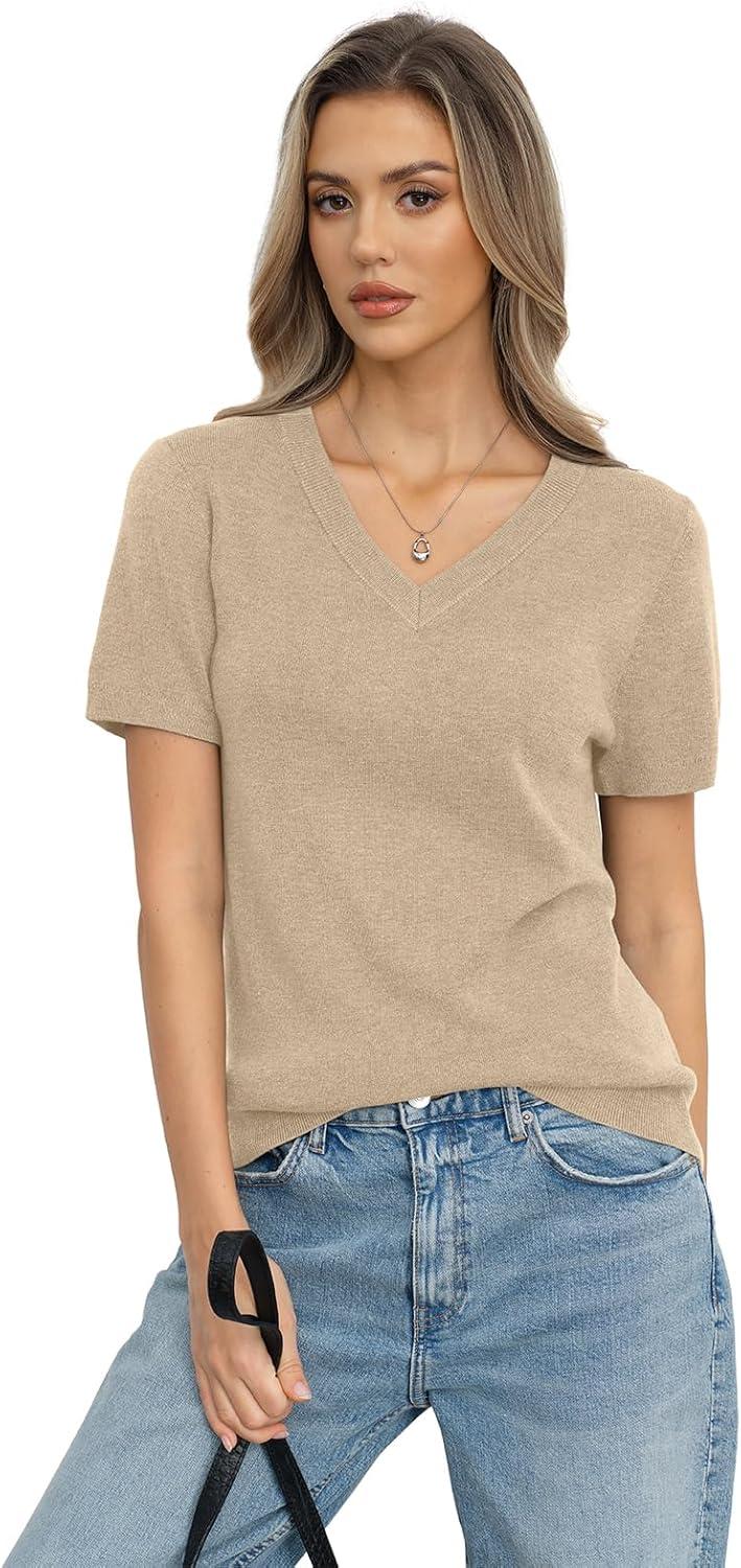 image:imageWomens Wool Blend Lightweight Sweater V Neck Short Sleeve Knit Pullover Tops Summer Business Casual ClothesBeige