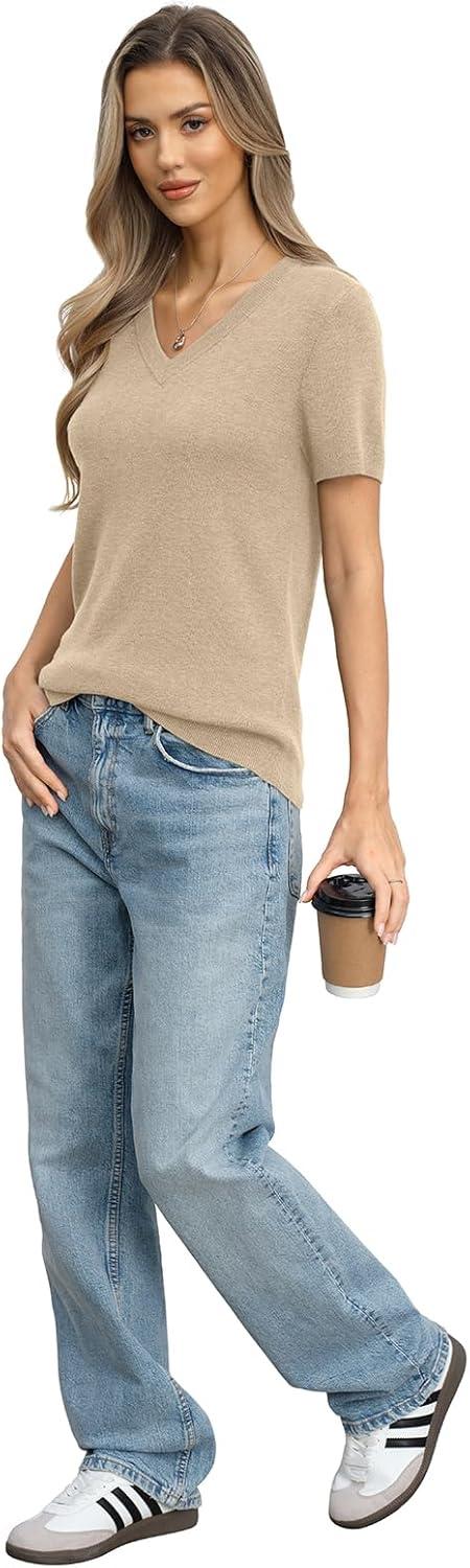 image:imageWomens Wool Blend Lightweight Sweater V Neck Short Sleeve Knit Pullover Tops Summer Business Casual ClothesBeige
