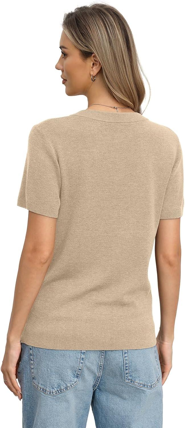 image:imageWomens Wool Blend Lightweight Sweater V Neck Short Sleeve Knit Pullover Tops Summer Business Casual ClothesBeige