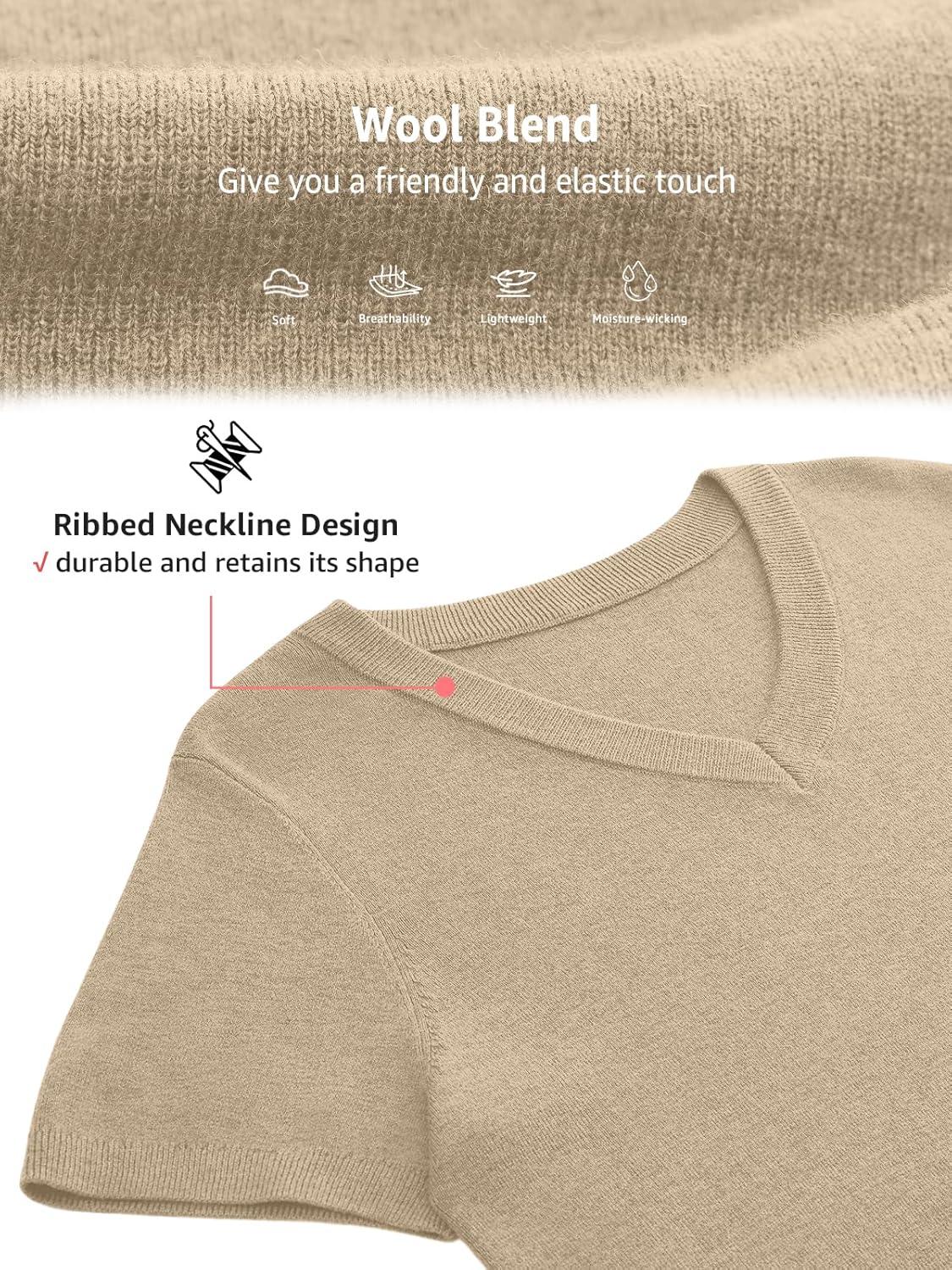 image:imageWomens Wool Blend Lightweight Sweater V Neck Short Sleeve Knit Pullover Tops Summer Business Casual ClothesBeige