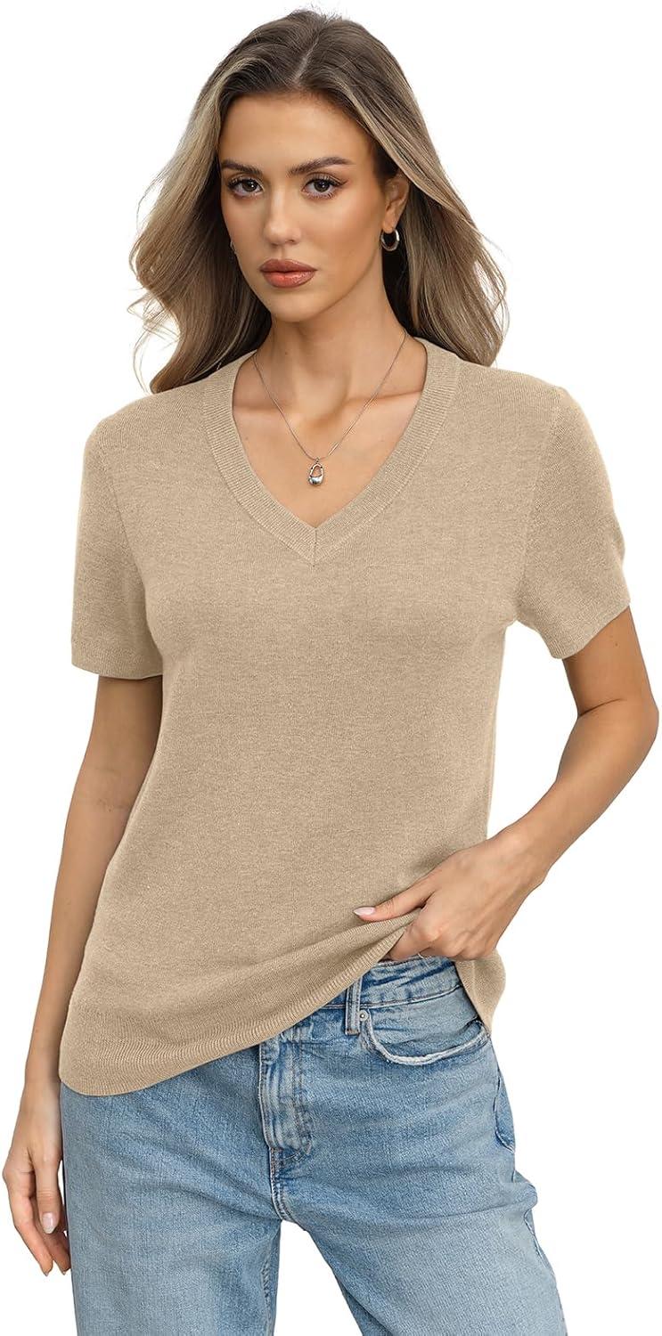 image:imageWomens Wool Blend Lightweight Sweater V Neck Short Sleeve Knit Pullover Tops Summer Business Casual ClothesBeige