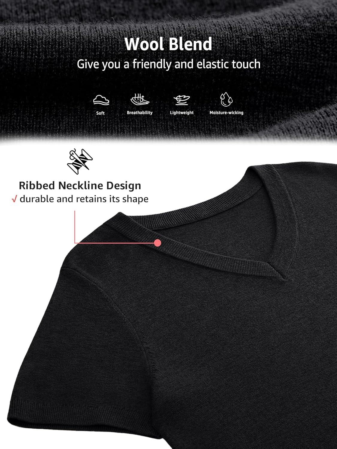 image:imageWomens Wool Blend Lightweight Sweater V Neck Short Sleeve Knit Pullover Tops Summer Business Casual ClothesBlack
