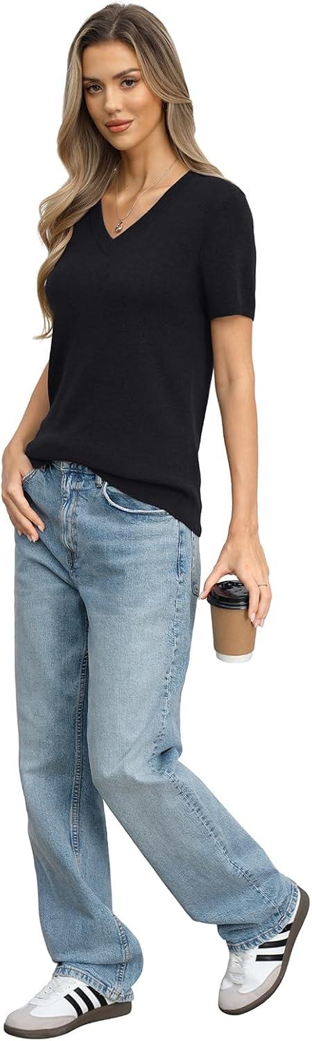 image:imageWomens Wool Blend Lightweight Sweater V Neck Short Sleeve Knit Pullover Tops Summer Business Casual ClothesBlack