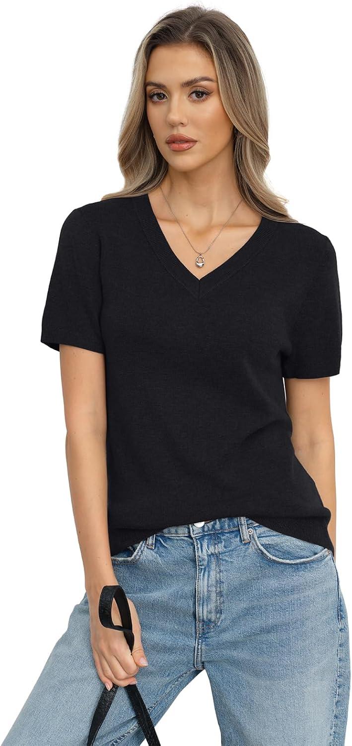 image:imageWomens Wool Blend Lightweight Sweater V Neck Short Sleeve Knit Pullover Tops Summer Business Casual ClothesBlack