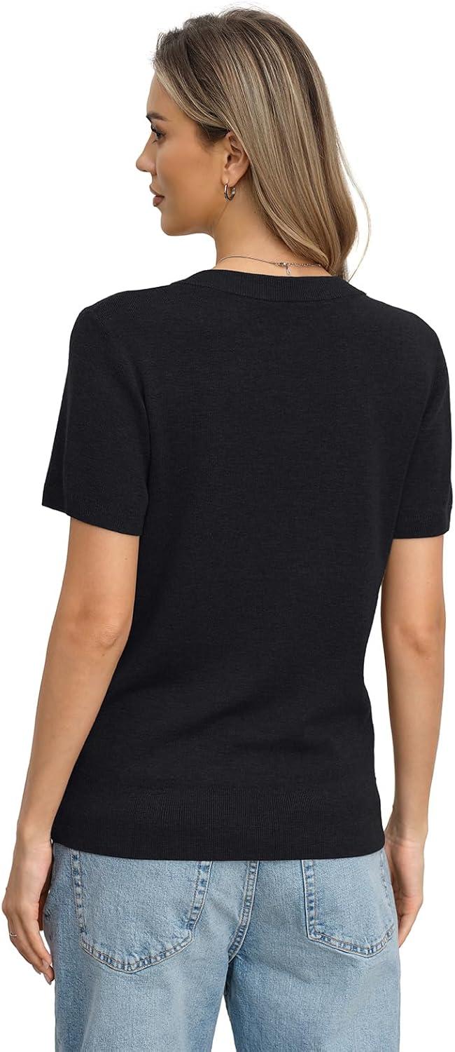 image:imageWomens Wool Blend Lightweight Sweater V Neck Short Sleeve Knit Pullover Tops Summer Business Casual ClothesBlack