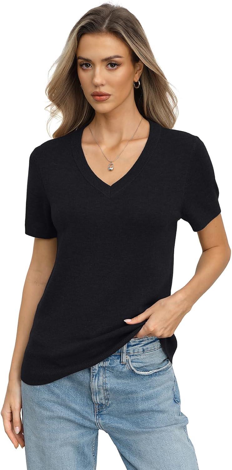 image:imageWomens Wool Blend Lightweight Sweater V Neck Short Sleeve Knit Pullover Tops Summer Business Casual ClothesBlack
