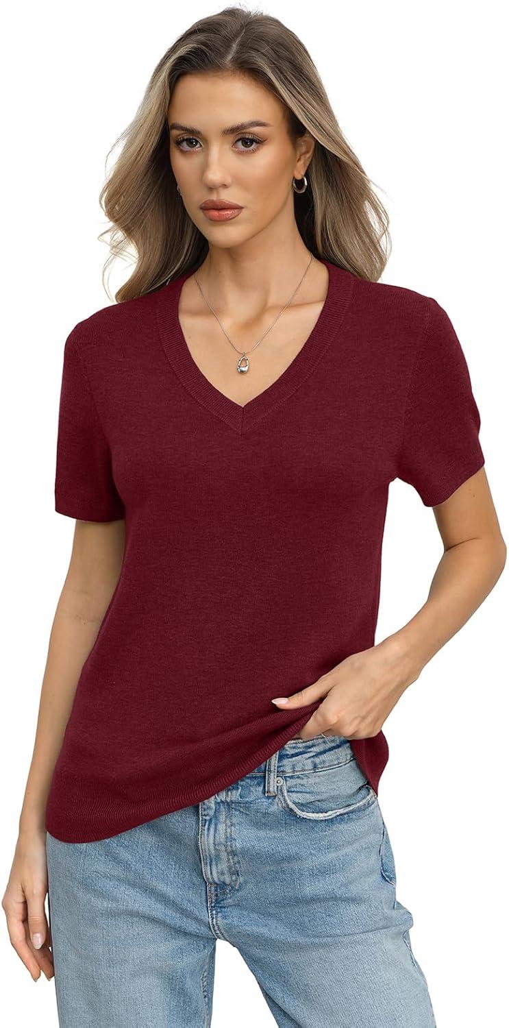 image:imageWomens Wool Blend Lightweight Sweater V Neck Short Sleeve Knit Pullover Tops Summer Business Casual ClothesBurgundy Red