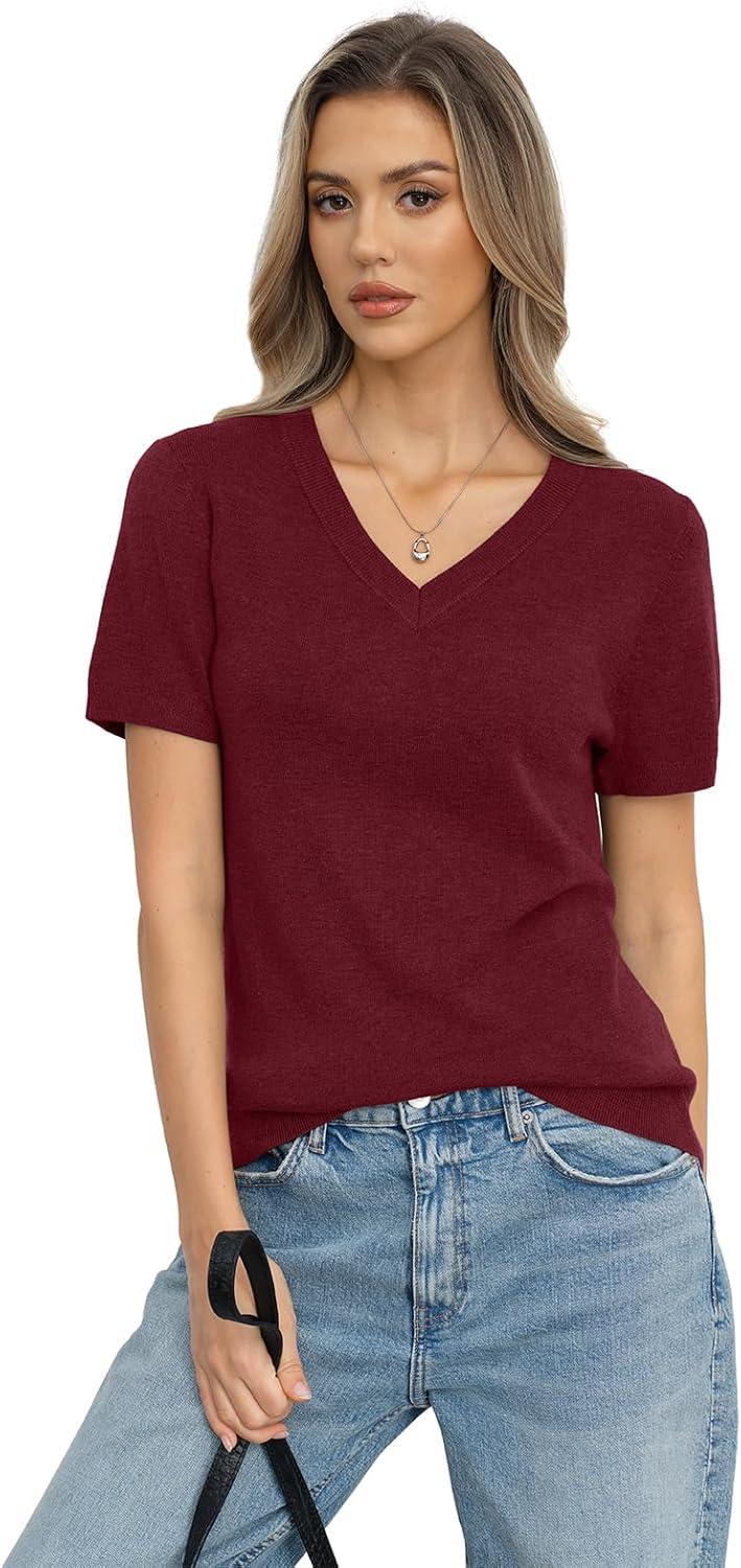 image:imageWomens Wool Blend Lightweight Sweater V Neck Short Sleeve Knit Pullover Tops Summer Business Casual ClothesBurgundy Red