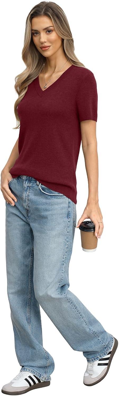 image:imageWomens Wool Blend Lightweight Sweater V Neck Short Sleeve Knit Pullover Tops Summer Business Casual ClothesBurgundy Red