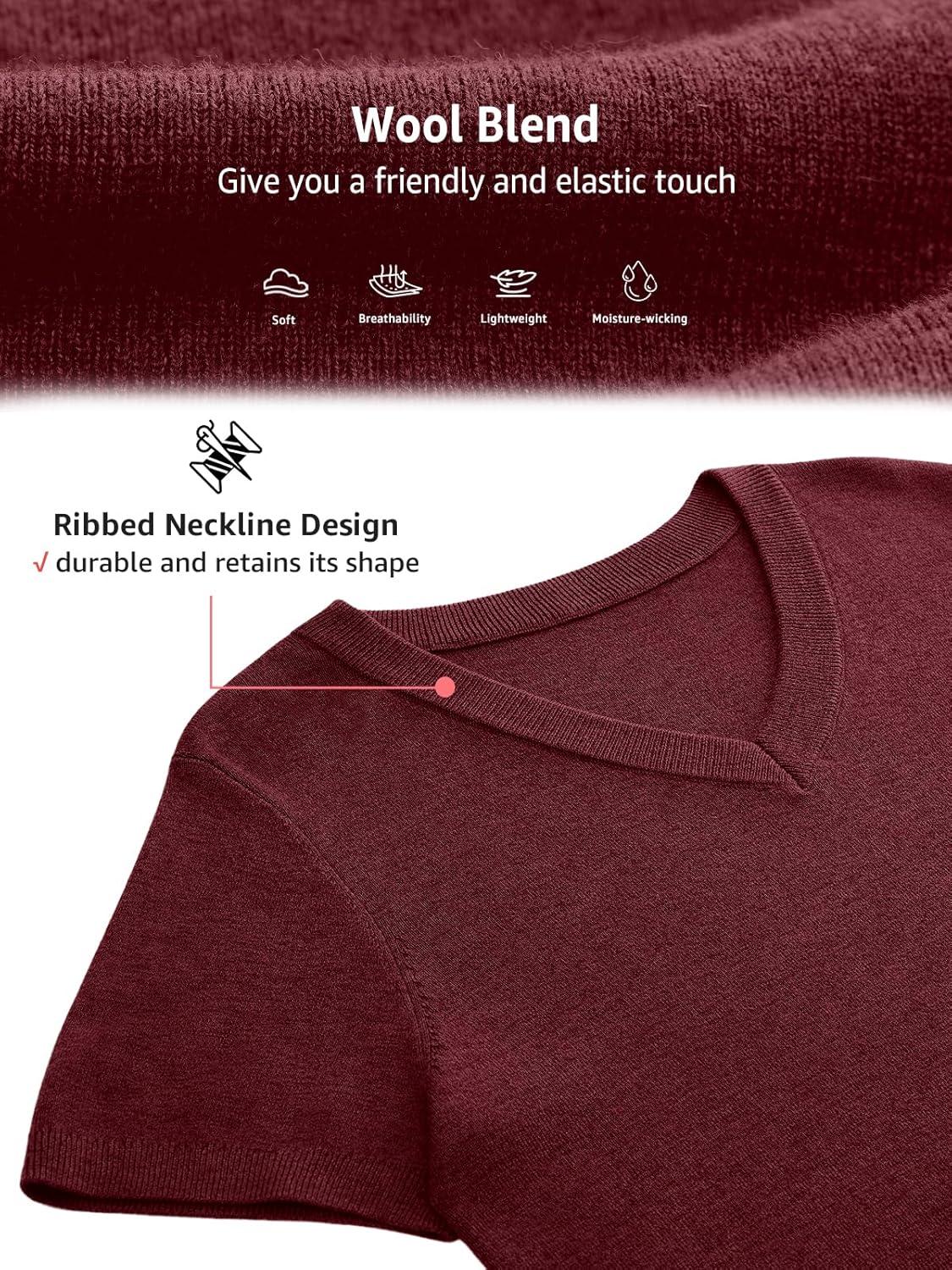 image:imageWomens Wool Blend Lightweight Sweater V Neck Short Sleeve Knit Pullover Tops Summer Business Casual ClothesBurgundy Red