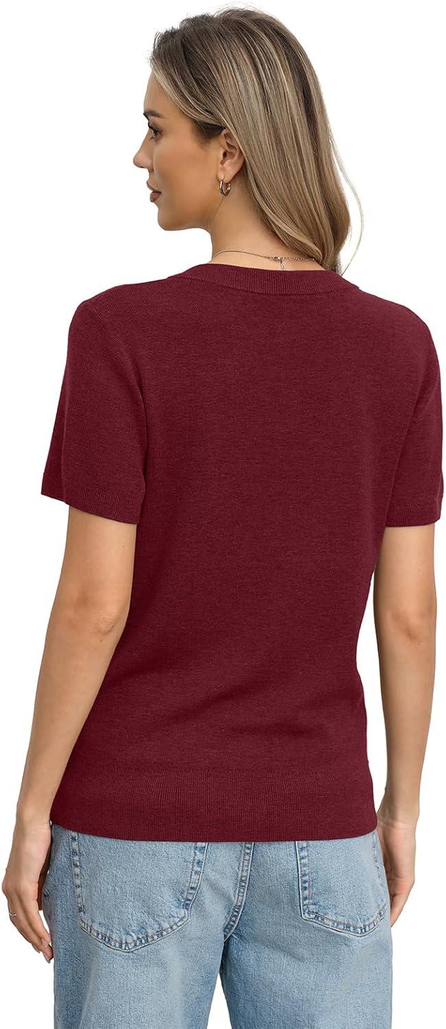 image:imageWomens Wool Blend Lightweight Sweater V Neck Short Sleeve Knit Pullover Tops Summer Business Casual ClothesBurgundy Red