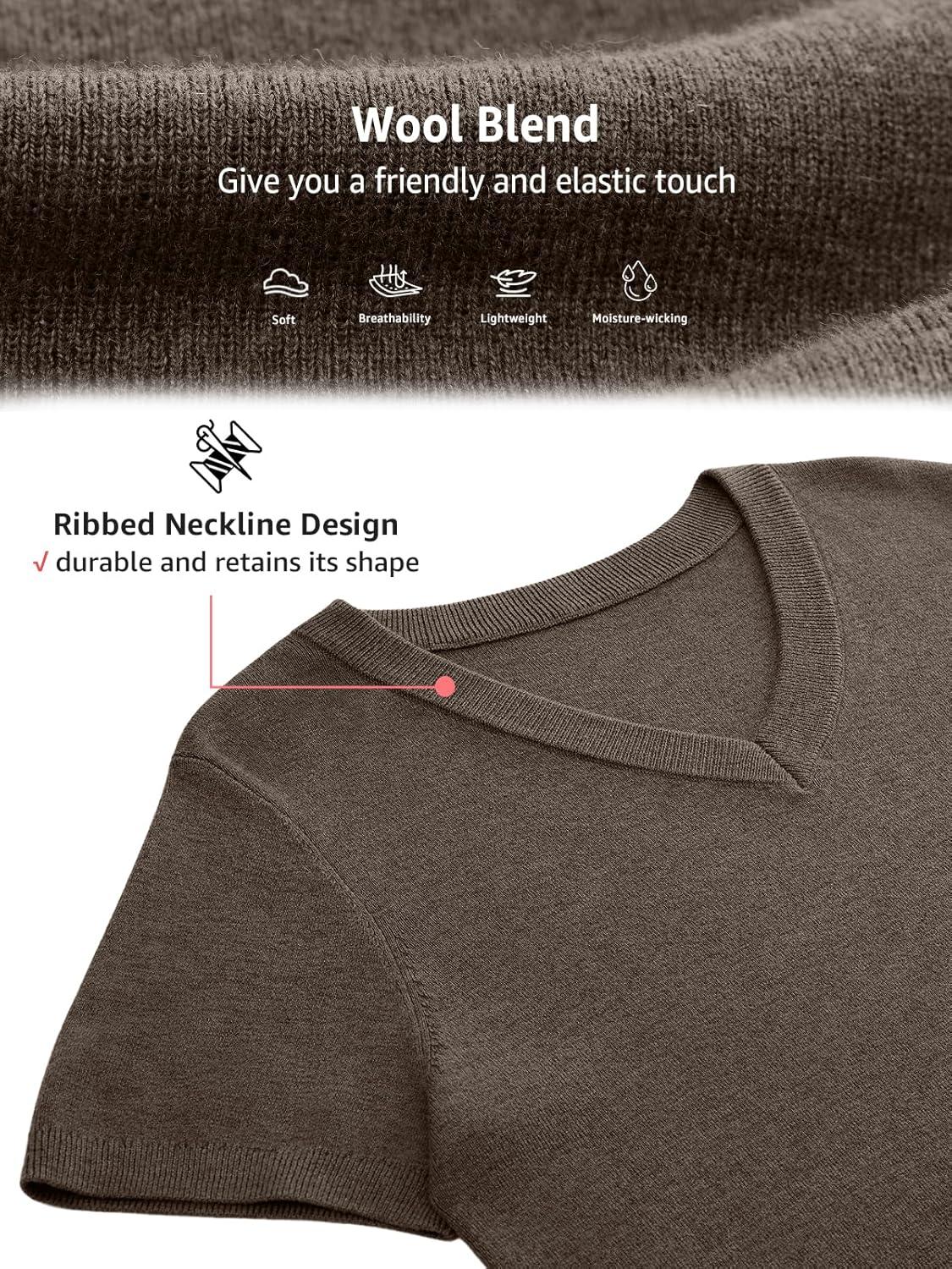 image:imageWomens Wool Blend Lightweight Sweater V Neck Short Sleeve Knit Pullover Tops Summer Business Casual ClothesCoffee