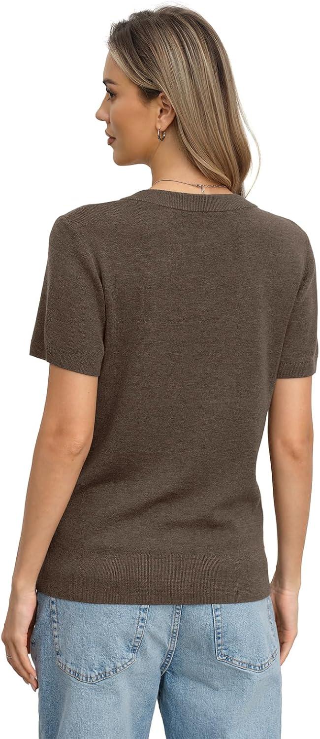 image:imageWomens Wool Blend Lightweight Sweater V Neck Short Sleeve Knit Pullover Tops Summer Business Casual ClothesCoffee