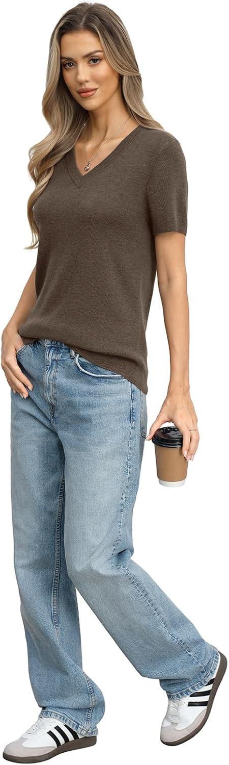 image:imageWomens Wool Blend Lightweight Sweater V Neck Short Sleeve Knit Pullover Tops Summer Business Casual ClothesCoffee