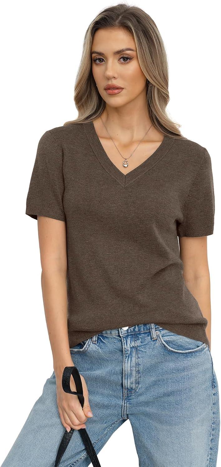 image:imageWomens Wool Blend Lightweight Sweater V Neck Short Sleeve Knit Pullover Tops Summer Business Casual ClothesCoffee