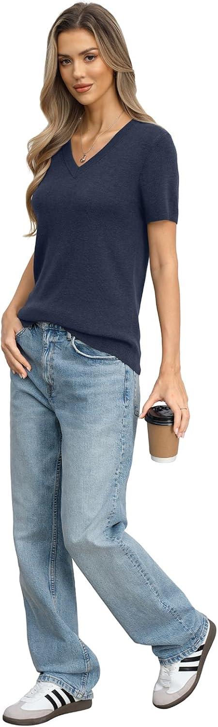image:imageWomens Wool Blend Lightweight Sweater V Neck Short Sleeve Knit Pullover Tops Summer Business Casual ClothesDark Blue