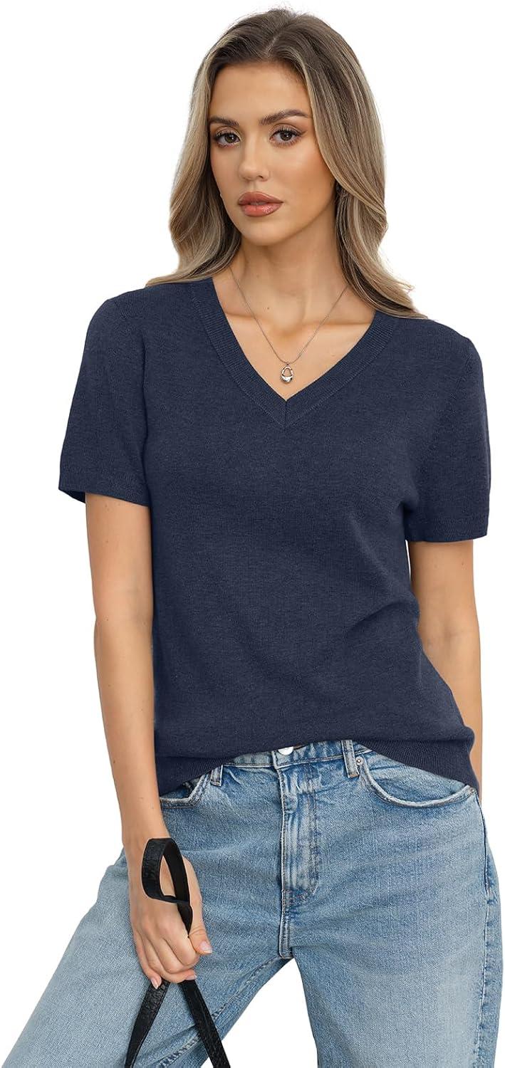 image:imageWomens Wool Blend Lightweight Sweater V Neck Short Sleeve Knit Pullover Tops Summer Business Casual ClothesDark Blue