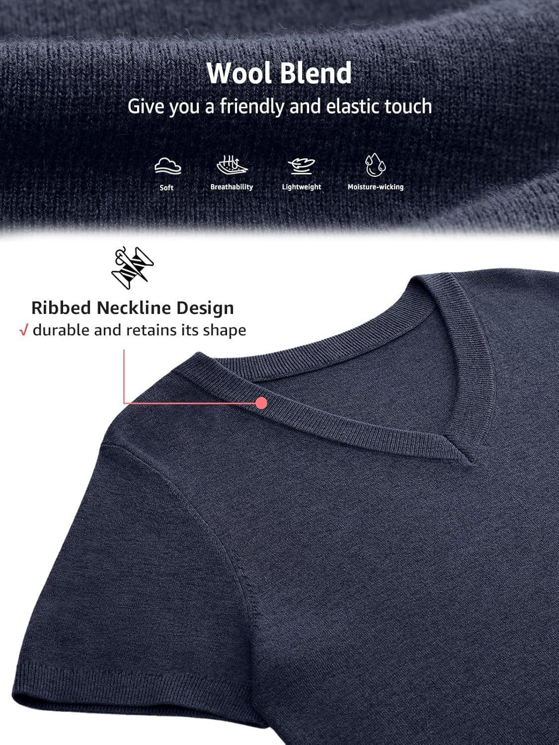 image:imageWomens Wool Blend Lightweight Sweater V Neck Short Sleeve Knit Pullover Tops Summer Business Casual ClothesDark Blue