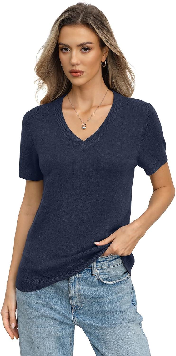 image:imageWomens Wool Blend Lightweight Sweater V Neck Short Sleeve Knit Pullover Tops Summer Business Casual ClothesDark Blue