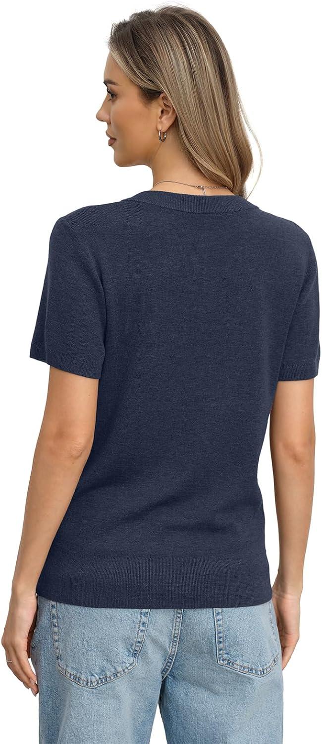 image:imageWomens Wool Blend Lightweight Sweater V Neck Short Sleeve Knit Pullover Tops Summer Business Casual ClothesDark Blue