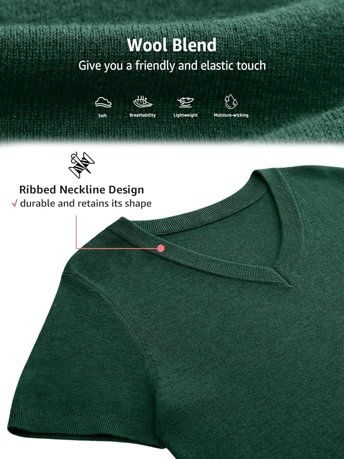 image:imageWomens Wool Blend Lightweight Sweater V Neck Short Sleeve Knit Pullover Tops Summer Business Casual ClothesGreen