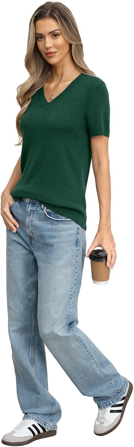 image:imageWomens Wool Blend Lightweight Sweater V Neck Short Sleeve Knit Pullover Tops Summer Business Casual ClothesGreen