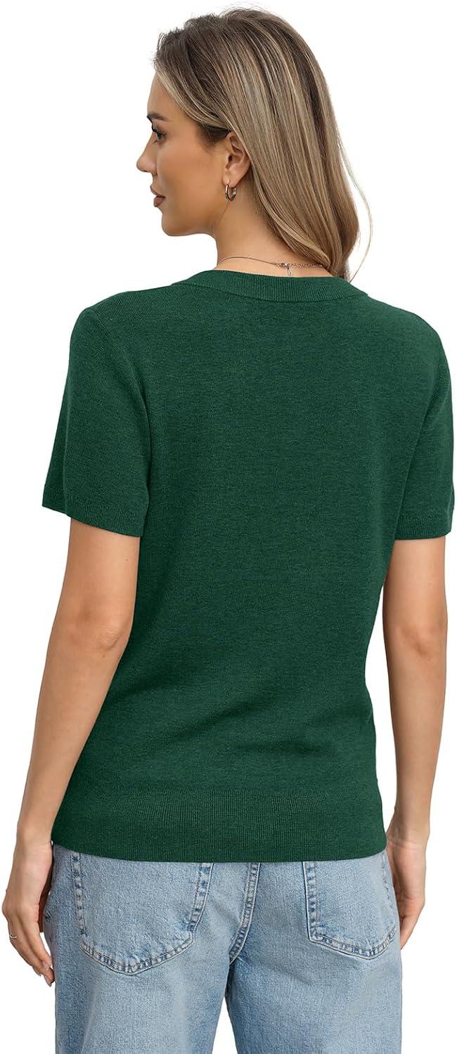 image:imageWomens Wool Blend Lightweight Sweater V Neck Short Sleeve Knit Pullover Tops Summer Business Casual ClothesGreen