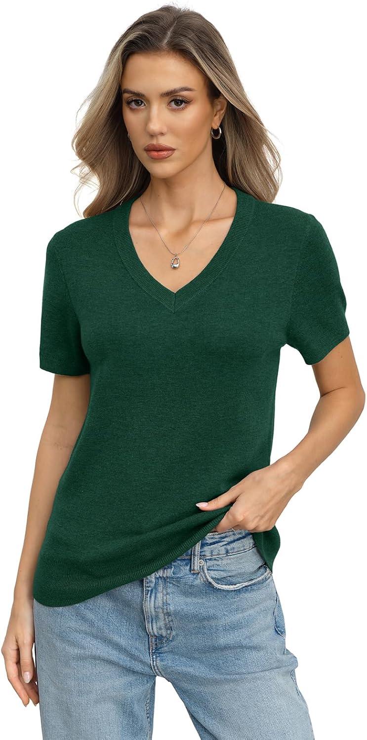 image:imageWomens Wool Blend Lightweight Sweater V Neck Short Sleeve Knit Pullover Tops Summer Business Casual ClothesGreen