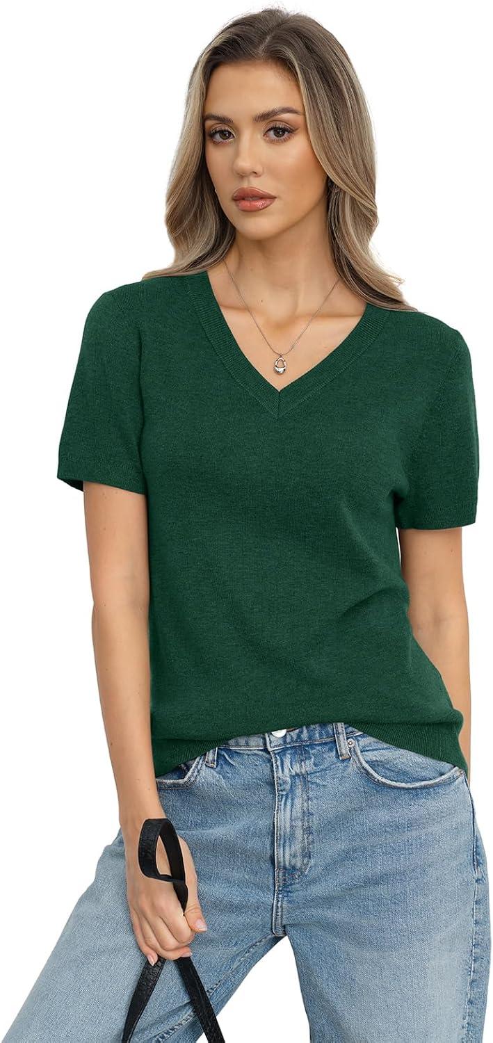 image:imageWomens Wool Blend Lightweight Sweater V Neck Short Sleeve Knit Pullover Tops Summer Business Casual ClothesGreen